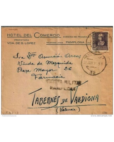 F-EX417 SPAIN ESPAÑA OLD  COVER HOTEL DEL COMERCIO. PAMPLONA 1939 CENSORSHIP