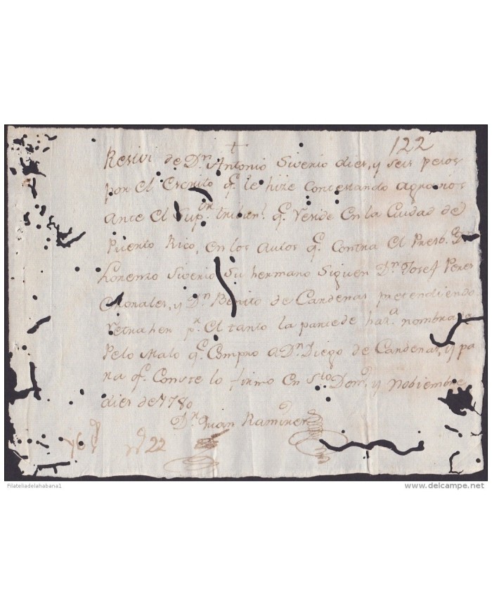 E4284 SANTO DOMINGO DOMINICAN SPAIN ESPAÑA 1780. RECIBO DE PAGO PROCESO EN PUERTO RICO.