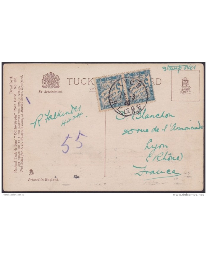 F-EX.2043 ENGLAND UK 1920 POSTCARD POSTAGE DUE IN FRANCE LYON.