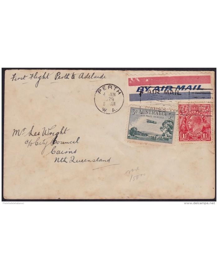 F-EX.2066 AUSTRALIA AIR MAIL FIRT FLIGHT PERTH TO ADELAIDE. 1929.