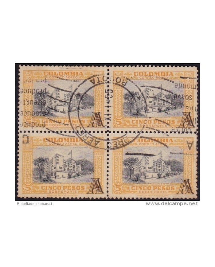 F-EX.2068 COLOMBIA 5$ BLOCK 4 &ldquo A&rdquo  SURCHARGE 1955.