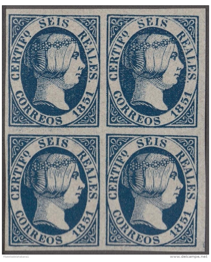 FAC-7 ESPAÑA SPAIN. SEGUI OLD FACSIMILE REPRODUCTION. ISABEL II. 1851 6r BLOCK 4.