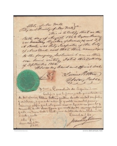 E4731 US NEW YORK. 1864. DEATH ACT SIGNED GOVERNOR CAPTAIN GENERAL DOMINGO DULCE.