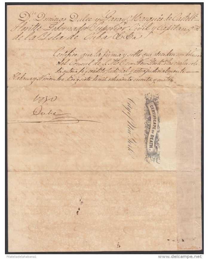 E4731 US NEW YORK. 1864. DEATH ACT SIGNED GOVERNOR CAPTAIN GENERAL DOMINGO DULCE.