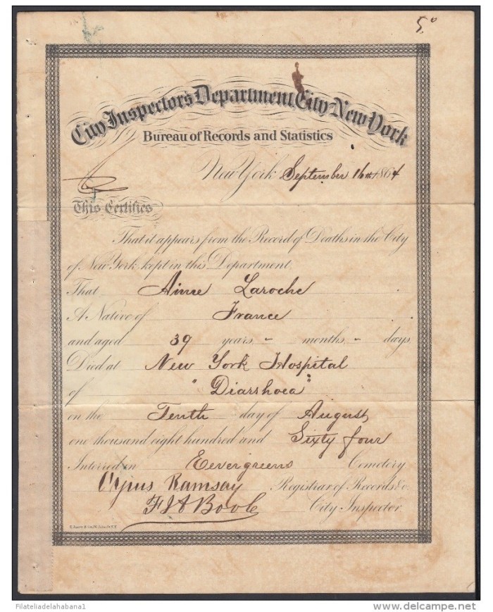 E4731 US NEW YORK. 1864. DEATH ACT SIGNED GOVERNOR CAPTAIN GENERAL DOMINGO DULCE.