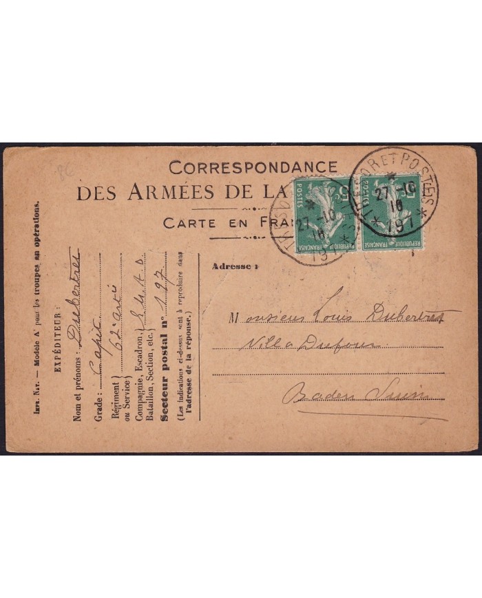F-EX.2105 FRANCE FRANCIA WWI 1918. ILLUSTRATED SPECIAL FRANCHISE MILITAIRE POSTCARD. SECTOR 197.