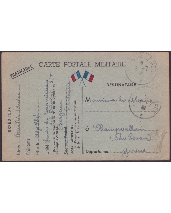 F-EX.3055 FRANCE FRANCIA WWII 1940. ILLUSTRATED SPECIAL MILITAR POSTCARD. FRANCHISE MILITAIRE. BERGERAC.