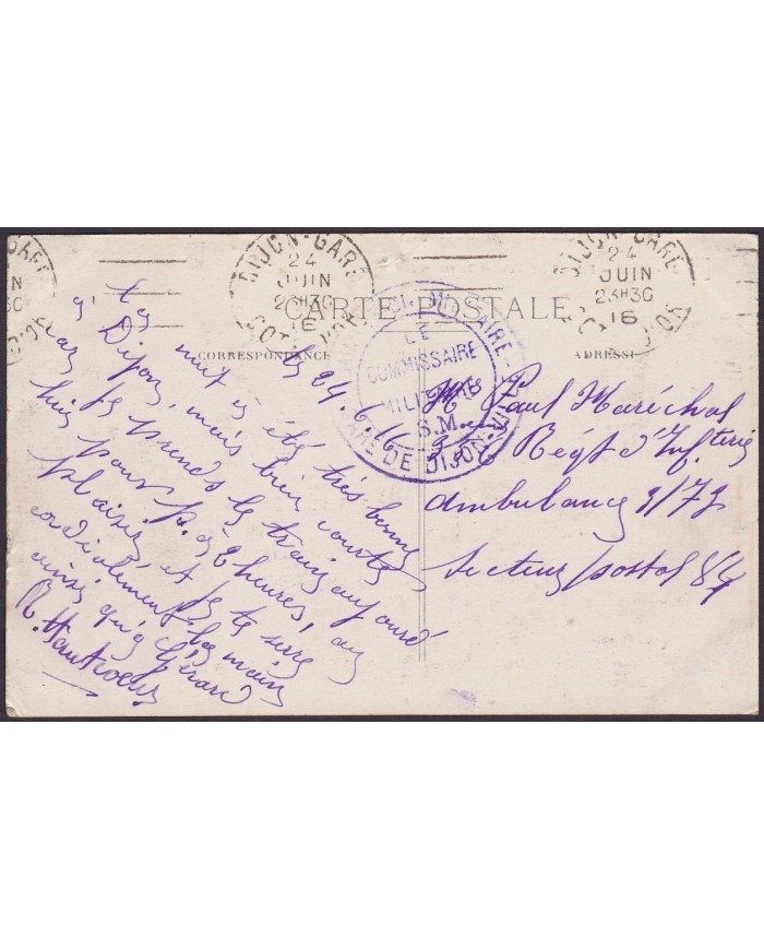 F-EX.3056 FRANCE FRANCIA WWI 1916 DIJON POSTCARD FRACHISE MILITAR