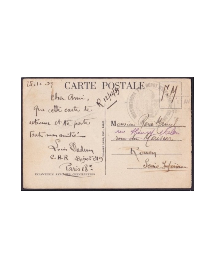 F-EX.3082 FRANCE FRANCIA WWII 1939 DEPOT INFANTERIE COLONIALE. LE VAGUEMESTRE. MILITAR ARMY POSTCARD.