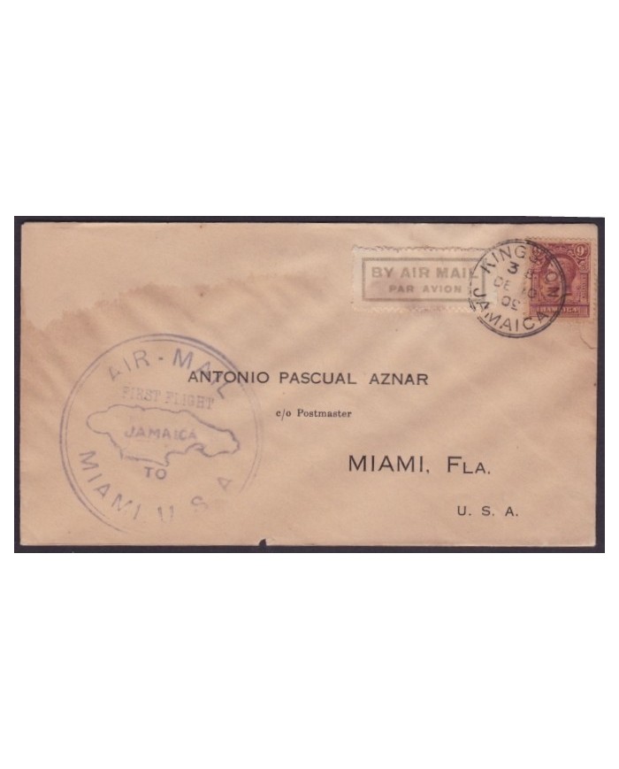 F-EX3093 JAMAICA FIRST FLIGHT KINGSTON TO MIAMI 1930.