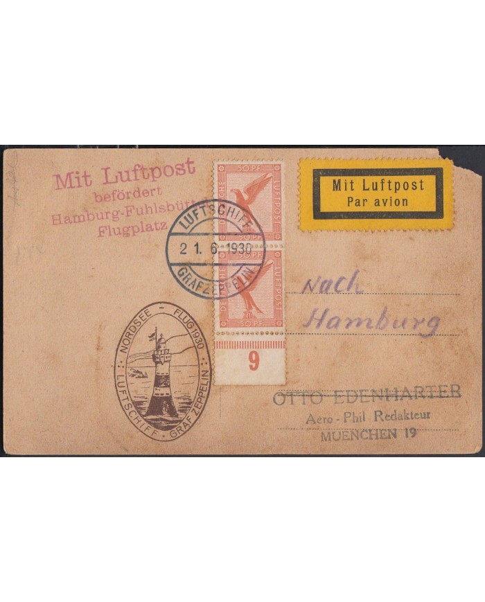 F-EX3220 GERMANY 1930 ZEPPELIN POSTCARD FIRST FLIGHT HAMBURG - FUHLSBUTTEL. DEFECTO  VISIBLE ESQUINA DE TARJETA.