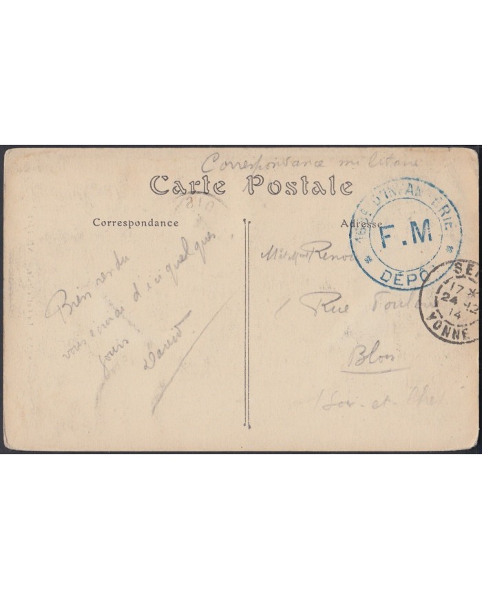 F-EX3224 FRANCE FRANCIA 1914 WWI MILITAR FREEPOST FM DEPOT ARTILLERIE SENS.