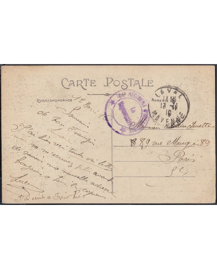 F-EX3227 FRANCE FRANCIA 1916 WWI MILITAR FREEPOST 184 REGIMENT INFANTERIE. MAYENNE LAVAL.