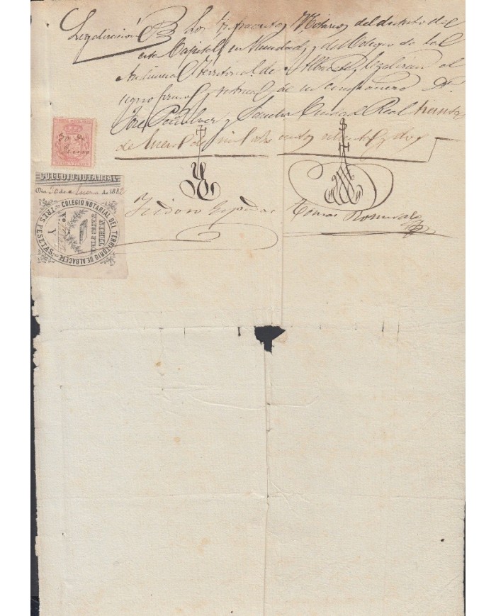 E5040 SPAIN ESPAÑA. REVENUE COLEGIO NOTARIAL ALBACETE. 1882. LETRA Y. 3 PTAS.