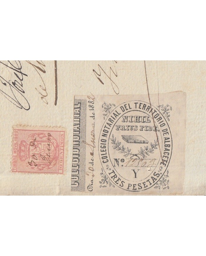 E5040 SPAIN ESPAÑA. REVENUE COLEGIO NOTARIAL ALBACETE. 1882. LETRA Y. 3 PTAS.