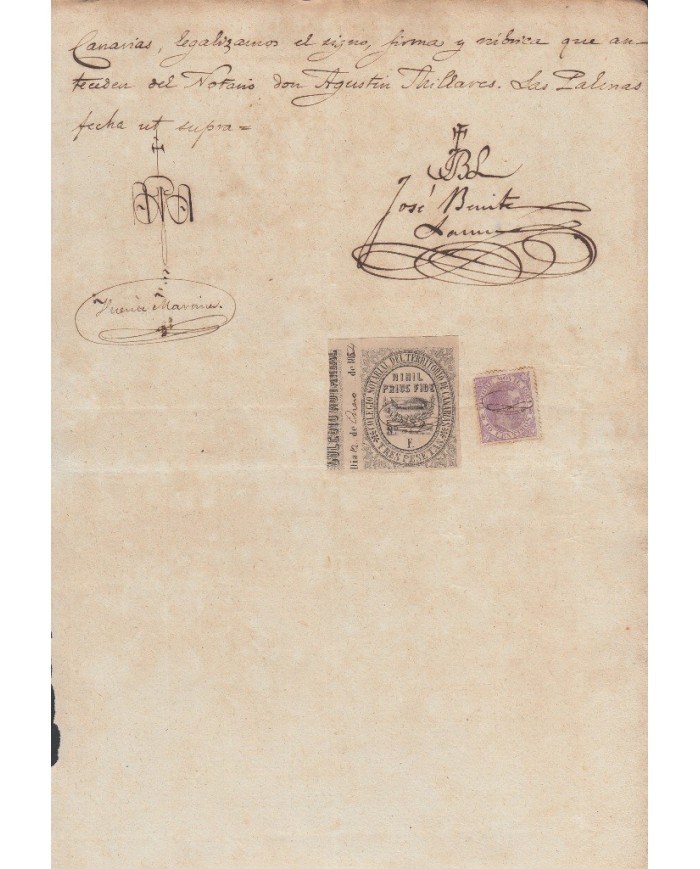 E5046 SPAIN ESPAÑA. REVENUE COLEGIO NOTARIAL CANARIAS. 1884. LETRA F. 3 PTAS.