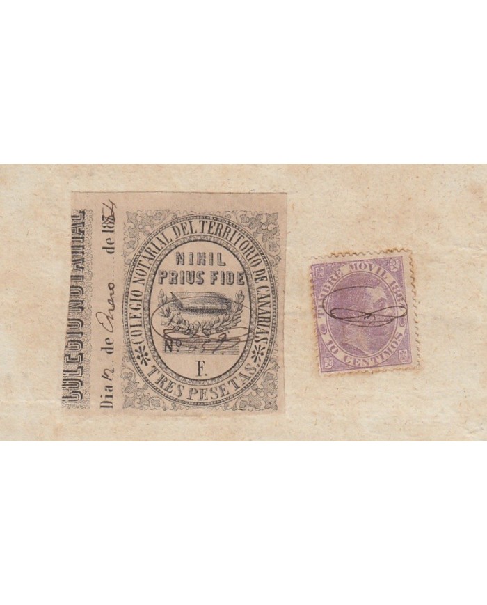 E5046 SPAIN ESPAÑA. REVENUE COLEGIO NOTARIAL CANARIAS. 1884. LETRA F. 3 PTAS.