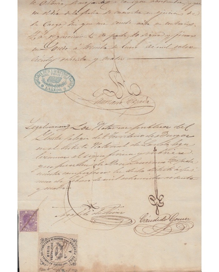 E5048 SPAIN ESPAÑA. REVENUE COLEGIO NOTARIAL BURGOS. 1884. LETRA A. 3 PTAS.