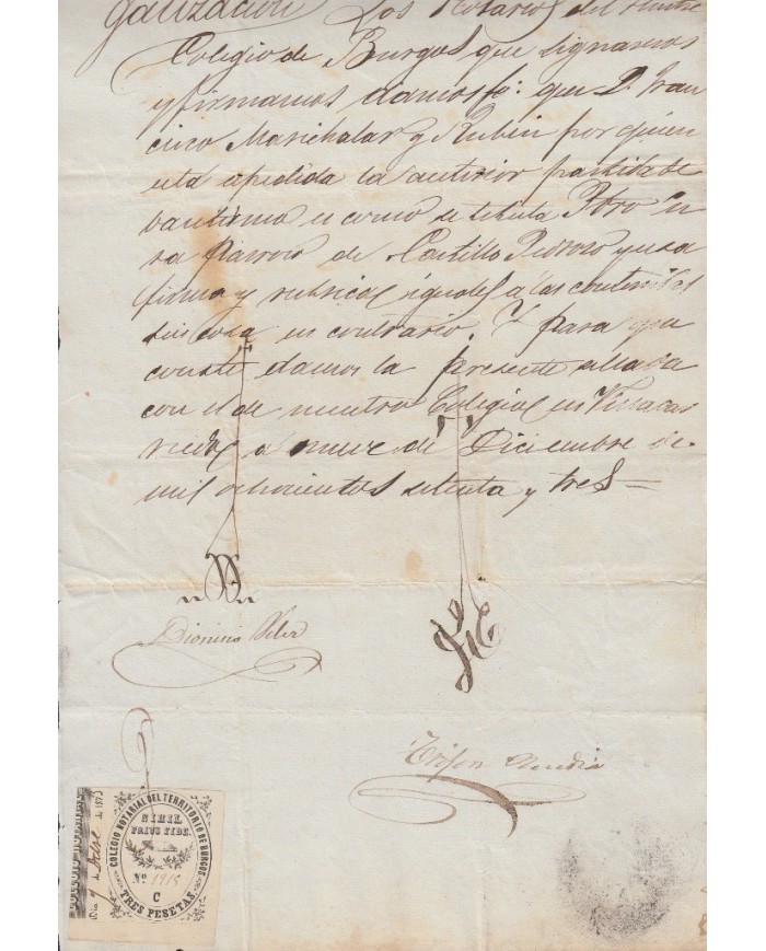 E5052 SPAIN ESPAÑA. REVENUE COLEGIO NOTARIAL BURGOS. 1873. LETRA C. 3 PTAS