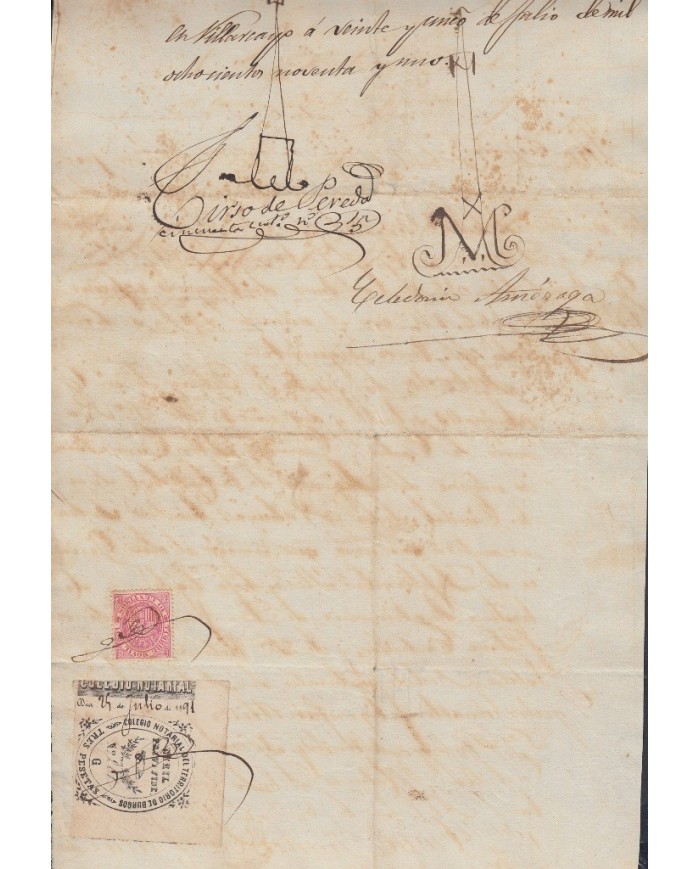 E5054 SPAIN ESPAÑA. REVENUE COLEGIO NOTARIAL BURGOS. 1891. LETRA G. 3 PTAS.