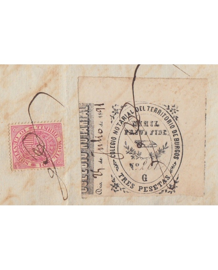 E5054 SPAIN ESPAÑA. REVENUE COLEGIO NOTARIAL BURGOS. 1891. LETRA G. 3 PTAS.