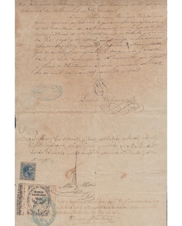 E5057 SPAIN ESPAÑA. REVENUE COLEGIO NOTARIAL BURGOS. 1886. LETRA I. 3 PTAS.