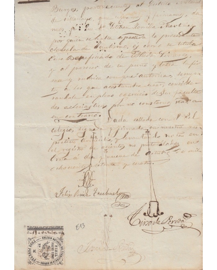E5059 SPAIN ESPAÑA. REVENUE COLEGIO NOTARIAL BURGOS. 1874. LETRA M. 3 PTAS.