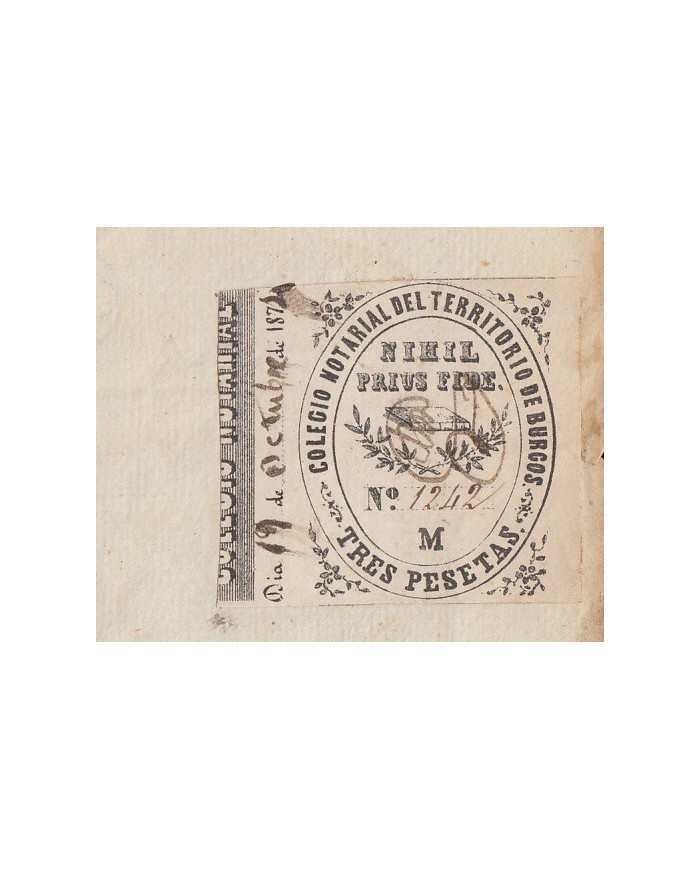 E5059 SPAIN ESPAÑA. REVENUE COLEGIO NOTARIAL BURGOS. 1874. LETRA M. 3 PTAS.