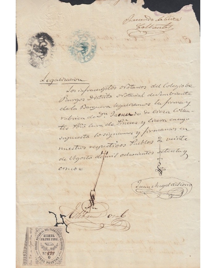 E5060 SPAIN ESPAÑA. REVENUE COLEGIO NOTARIAL BURGOS. 1875. LETRA O. 3 PTAS.