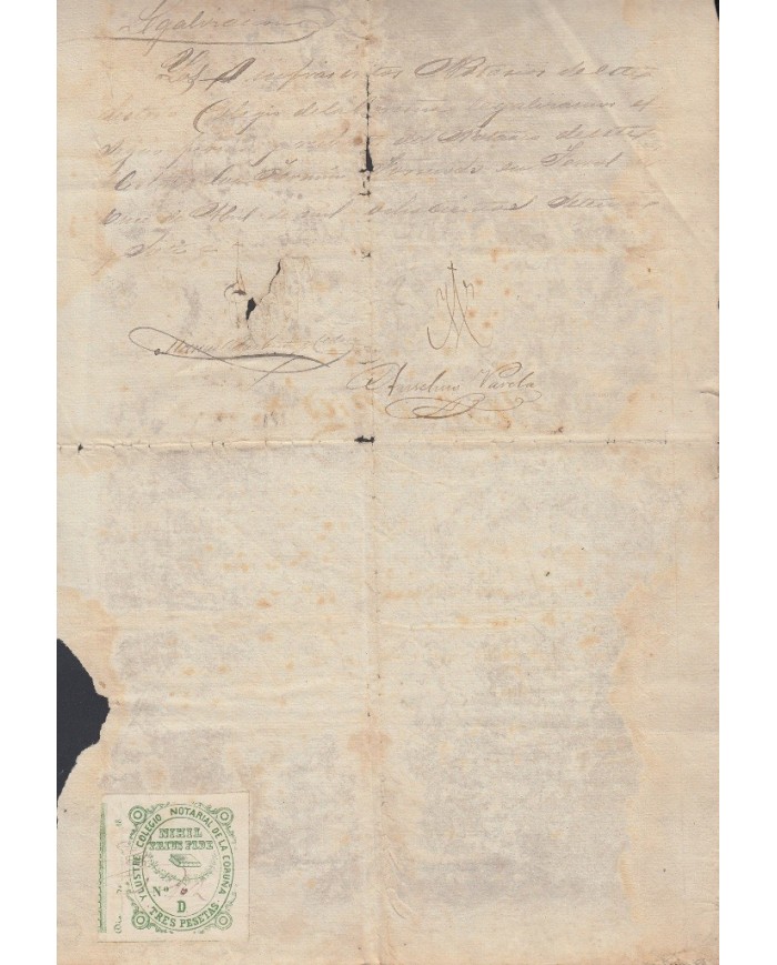 E5075 SPAIN ESPAÑA. REVENUE COLEGIO NOTARIAL LA CORUÑA. 1877. LETRA D. 3 PTAS.