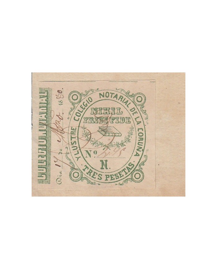 E5077 SPAIN ESPAÑA. REVENUE COLEGIO NOTARIAL LA CORUÑA. 1880. LETRA N. 3 PTAS.