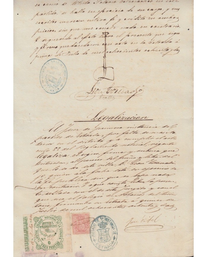 E5078 SPAIN ESPAÑA. REVENUE COLEGIO NOTARIAL LA CORUÑA. 1882. LETRA O. 3 PTAS.