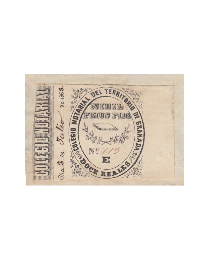 E5094 SPAIN ESPAÑA. REVENUE COLEGIO NOTARIAL GRANADA. 1863. LETRA E. 12 R.