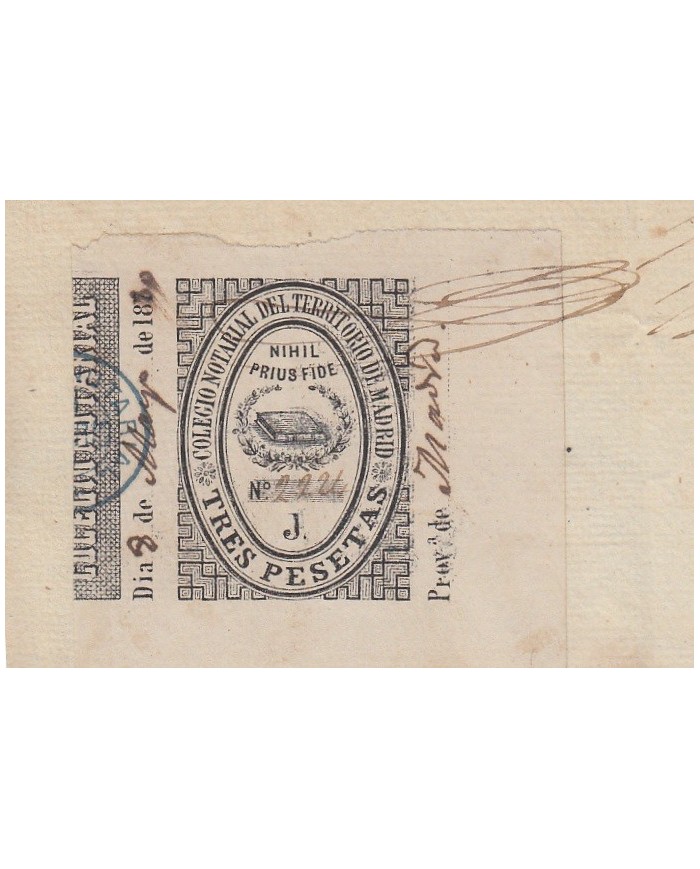 E5106 SPAIN ESPAÑA. REVENUE COLEGIO NOTARIAL MADRID. 1880. LETRA J. 3 PTAS.