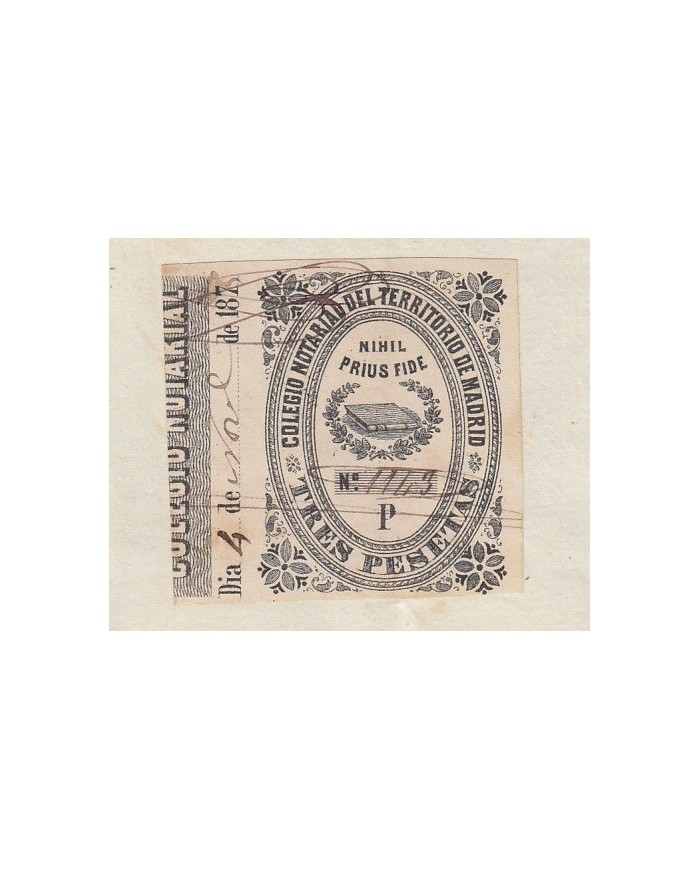 E5107 SPAIN ESPAÑA. REVENUE COLEGIO NOTARIAL MADRID. 1875. LETRA P. 3 PTAS.