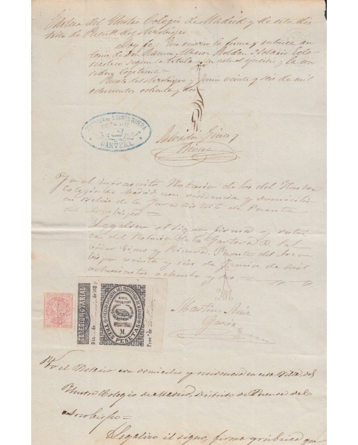 E5108 SPAIN ESPAÑA. REVENUE COLEGIO NOTARIAL MADRID. 1885. LETRA M. 3 PTAS.