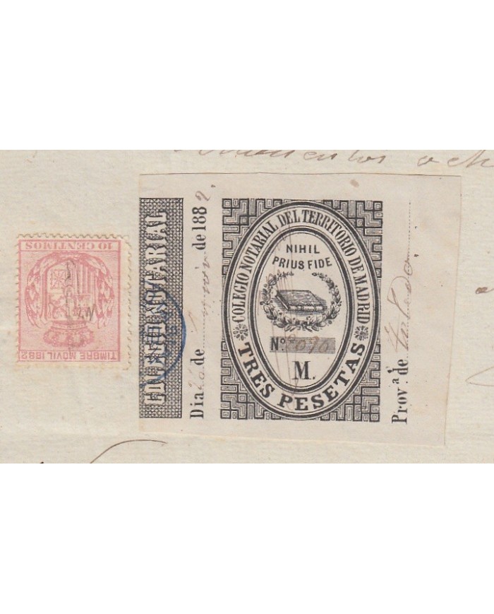 E5108 SPAIN ESPAÑA. REVENUE COLEGIO NOTARIAL MADRID. 1885. LETRA M. 3 PTAS.
