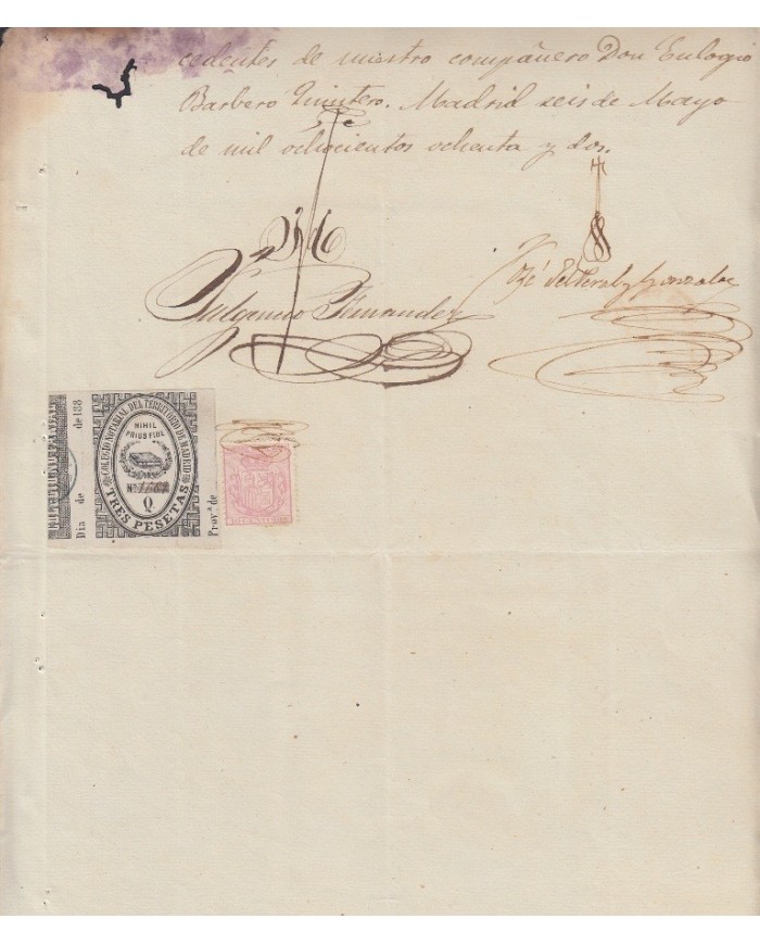 E5109 SPAIN ESPAÑA. REVENUE COLEGIO NOTARIAL MADRID. 1882. LETRA Q. 3 PTAS.