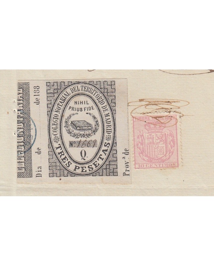 E5109 SPAIN ESPAÑA. REVENUE COLEGIO NOTARIAL MADRID. 1882. LETRA Q. 3 PTAS.