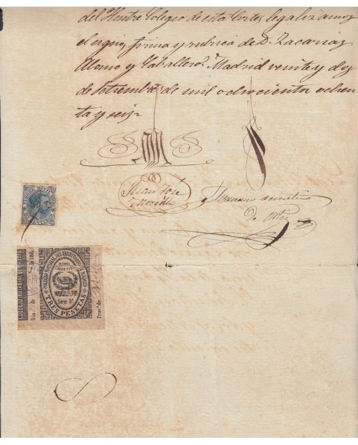E5113 SPAIN ESPAÑA. REVENUE COLEGIO NOTARIAL MADRID. 1886. SERIE 3. 3 PTAS.