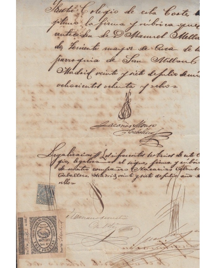 E5114 SPAIN ESPAÑA. REVENUE COLEGIO NOTARIAL MADRID. 1868. SERIE 4. 3 PTAS.