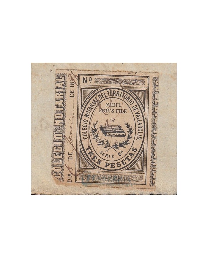 E5121 SPAIN ESPAÑA. REVENUE COLEGIO NOTARIAL VALLADOLID. 1896. SERIE 5. 3 PTAS.