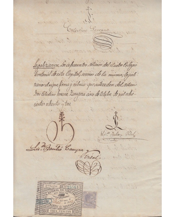 E5122 SPAIN ESPAÑA. REVENUE COLEGIO NOTARIAL ZARAGOZA. 1883. SERIE 2. 3 PTAS.