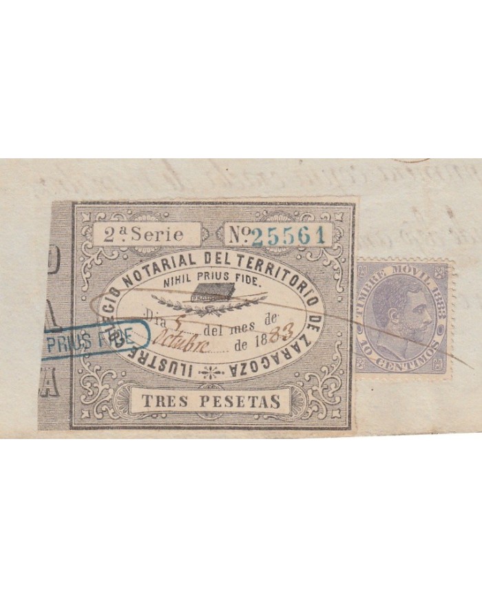 E5122 SPAIN ESPAÑA. REVENUE COLEGIO NOTARIAL ZARAGOZA. 1883. SERIE 2. 3 PTAS.