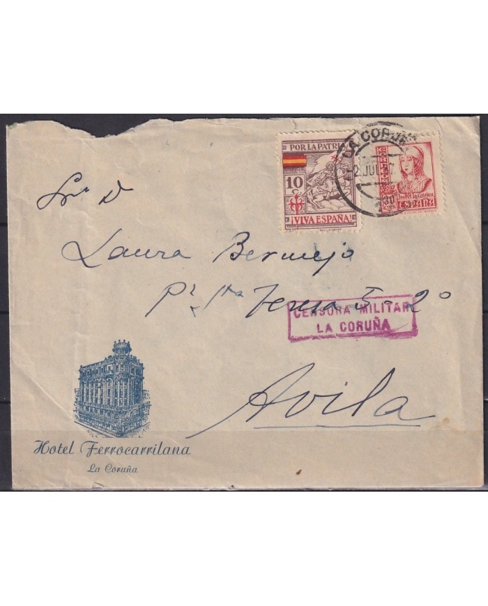 F-EX18906 ESPAÑA SPAIN 1937 SOBRE HOTEL FERROCARRILANA CORUÑA CENSORSHIP CENSURA MILITAR.