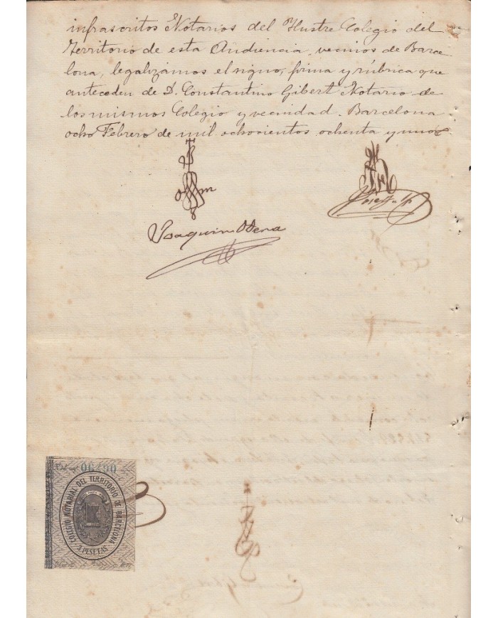 E5130 SPAIN ESPAÑA. REVENUE COLEGIO NOTARIAL BARCELONA. 1881. 3 PTAS.