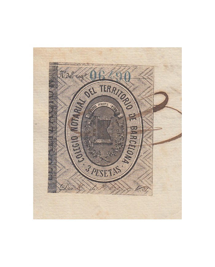 E5130 SPAIN ESPAÑA. REVENUE COLEGIO NOTARIAL BARCELONA. 1881. 3 PTAS.