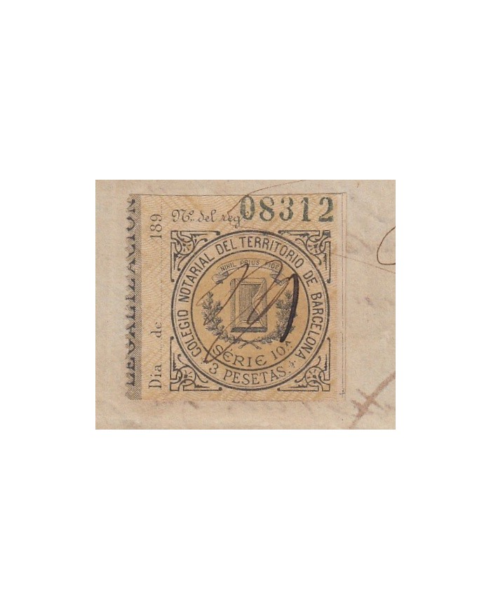 E5132 SPAIN ESPAÑA. REVENUE COLEGIO NOTARIAL BARCELONA. 1895. 3 PTAS.
