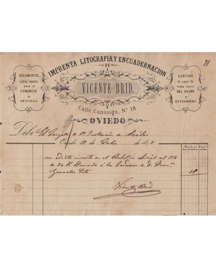 E5198 SPAIN ESPAÑA 1877 IMPRENTA LITOGRAFIA ENCUADERNACION PRINTING OVIEDO