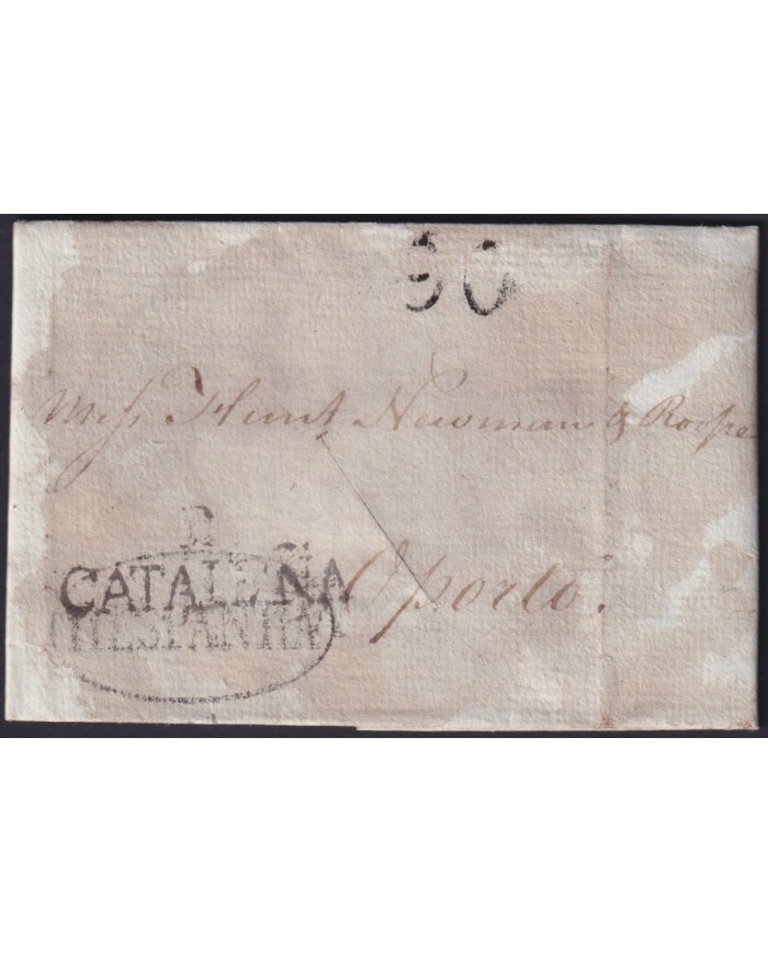 F-EX19129 SPAIN 1815 DESINFECTED BARCELONA TO PORTUGAL 1 CUT + IMMERATION IN VINEGAR.